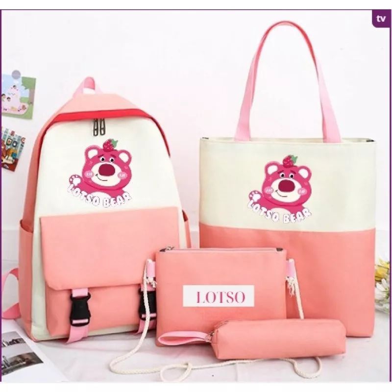 Set 4 món balo, túi thời trang đi học, giá rẻ - hình losto gấu dâu hồng