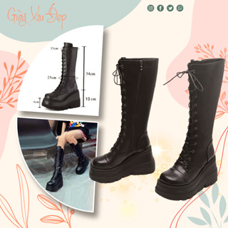 Giày boots đen đế cao buộc dây thời trang, Bốt đùi chiến binh nữ đế cao 7p cá tính da mềm ôm chân