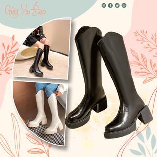 Bốt đùi nữ chât da mềm khoá kéo đế cao 5p, Bốt nữ cổ V mũi tròn đế trụ thời trang thu đông cá tính