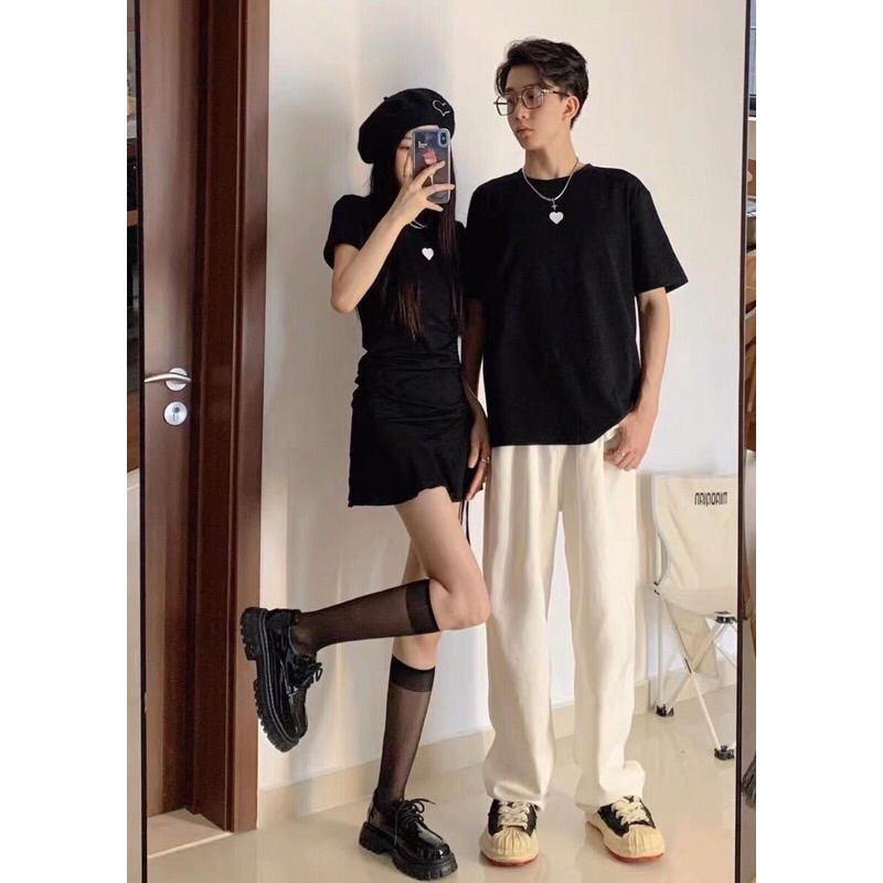 Áo thun form rộng tay lở và váy thun cotton cổ tròn tim trắng dễ thương (có bán lẻ)