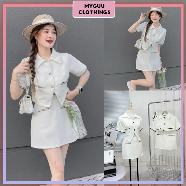 Set Đồ Nữ, Bộ Đồ Nữ Vải Dạ Với Áo Cổ Sơ Mi Phối Viền Mix Chân Váy Có Quần Trong, Cạp Chun Sau Siêu Xinh - HC50