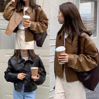 Áo khoác da túi vuông cổ bẻ màu nâu đen, áo da nữ dài tay khuy cài cardigan dáng ngắn phong cách ulzzang hàn quốc