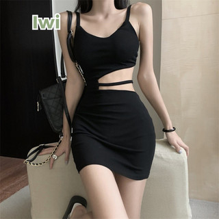 Đầm Body Hai Dây IWI SHOP Hở Eo Phối Dây Hông Sexy Váy Ôm Sát Khoét Hông Chất Thun Tăm Mềm Mát - BD073.IW