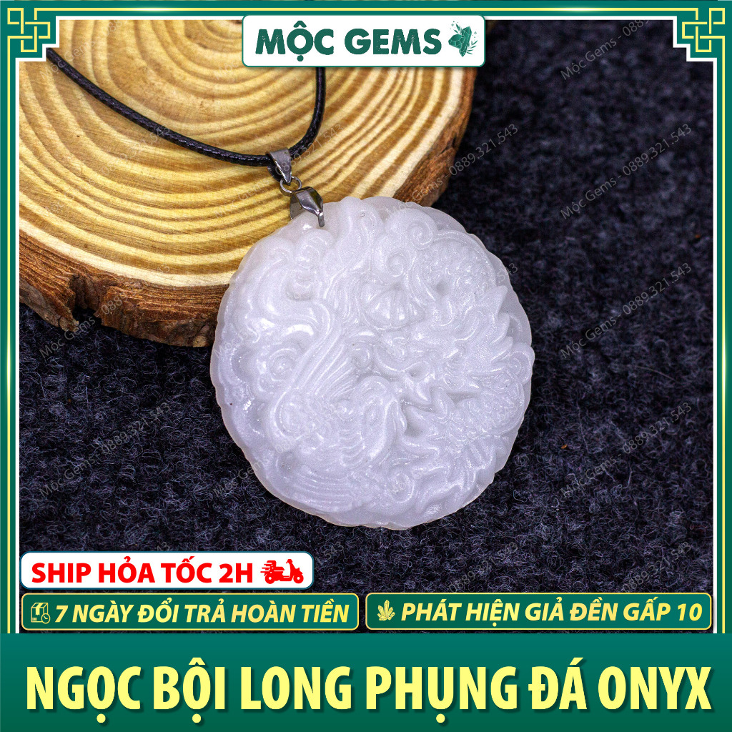 Ngọc Bội Long Phụng Đá Onyx Trắng (Bạch Ngọc) - Giúp Mang Lại May Mắn Thịnh Vượng & Hạnh Phúc