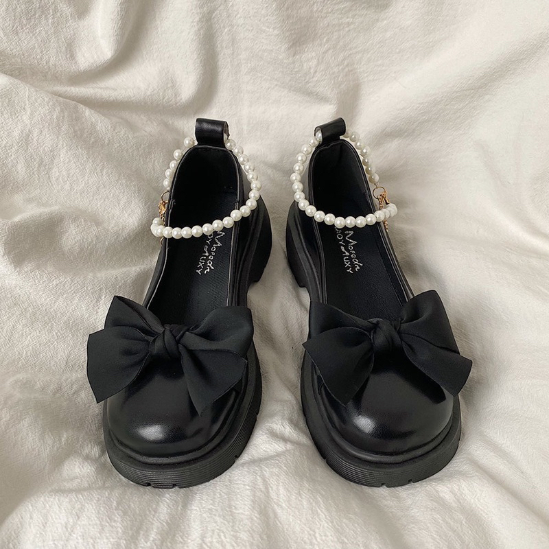 Giày Lolita Nữ Quai Ngọc BUỘC NƠ Cao Cấp - Giày búp bê nữ đế độn 4 phân 2 màu siêu hót