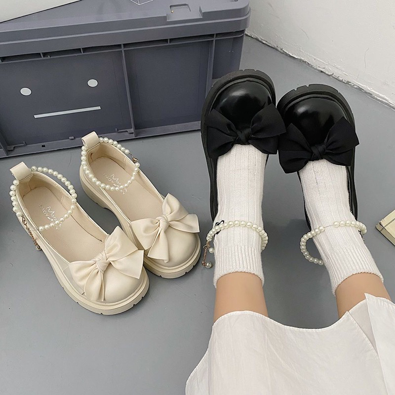 Giày Lolita Nữ Quai Ngọc BUỘC NƠ Cao Cấp - Giày búp bê nữ đế độn 4 phân 2 màu siêu hót