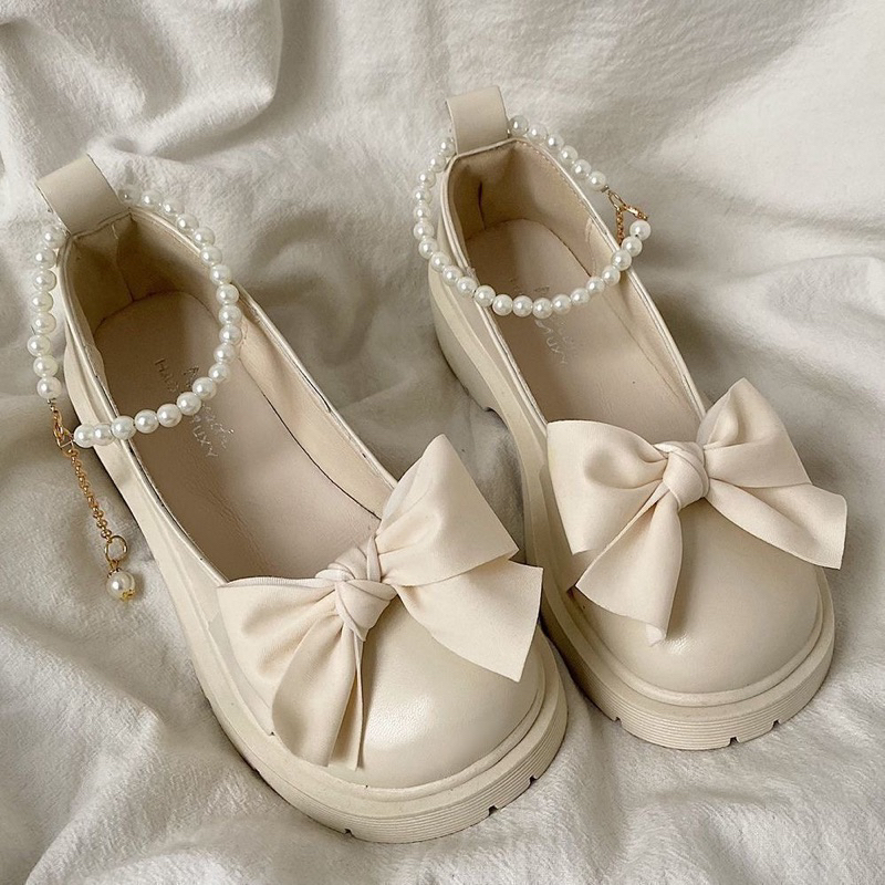 Giày Lolita Nữ Quai Ngọc BUỘC NƠ Cao Cấp - Giày búp bê nữ đế độn 4 phân 2 màu siêu hót