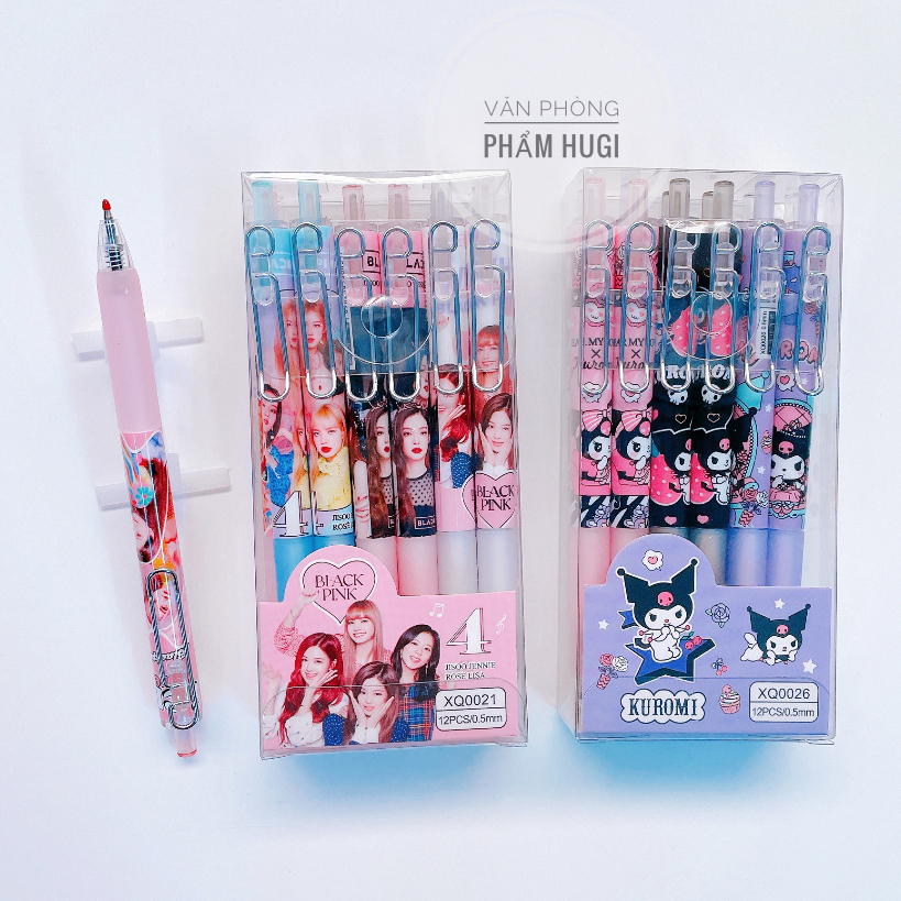 Hộp 12 Cây Bút Bi Bấm Mực Gel họa tiết BlackPink, Kuromi dễ thương  mực đậm và đều