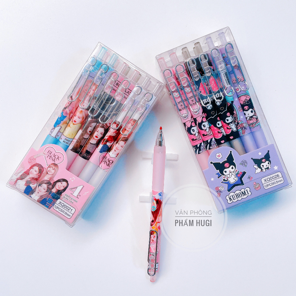 Hộp 12 Cây Bút Bi Bấm Mực Gel họa tiết BlackPink, Kuromi dễ thương  mực đậm và đều