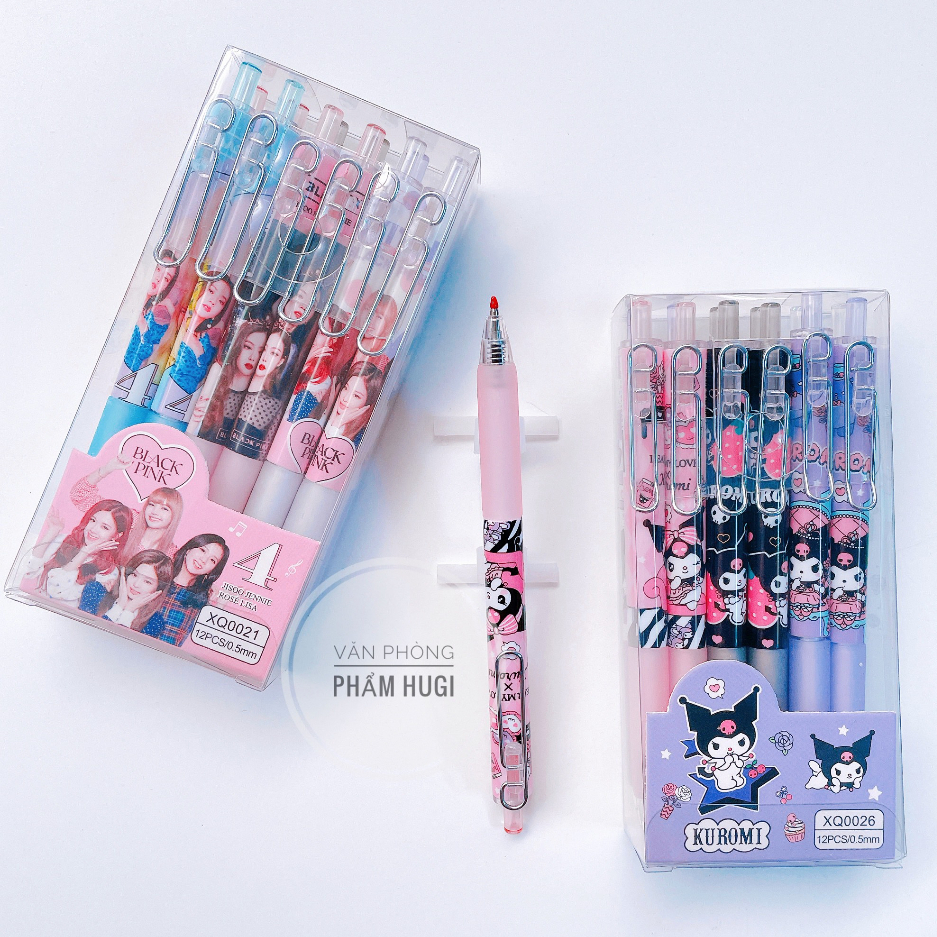 Hộp 12 Cây Bút Bi Bấm Mực Gel họa tiết BlackPink, Kuromi dễ thương  mực đậm và đều