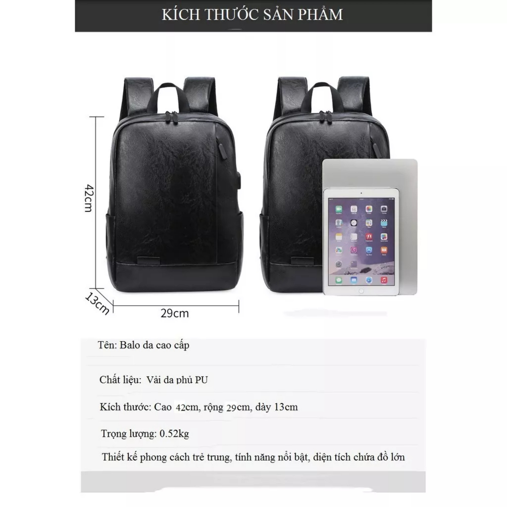 Balo da Đi Học Balô Da Thời Trang Nam Nữ Ba lo Lv Da Pu Cao Cấp Balo da đen Cặp Đi làm Đựng Laptop 15.6 Inh