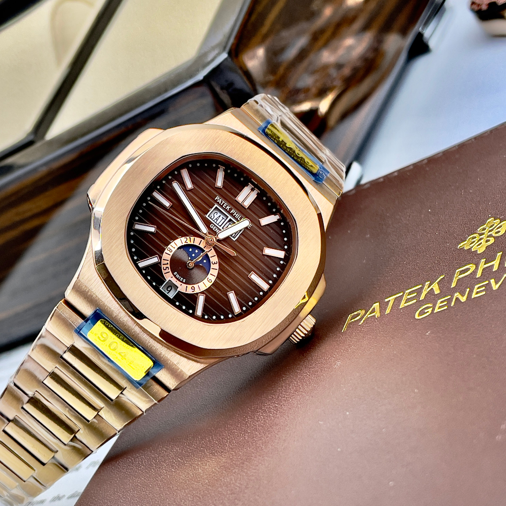 Đồng hồ Nam Pt vuông trăng sao mặt nâu cafe size 40-41mm có lịch date month, kim phản quang  vỏ vàng hồng dây kim loai