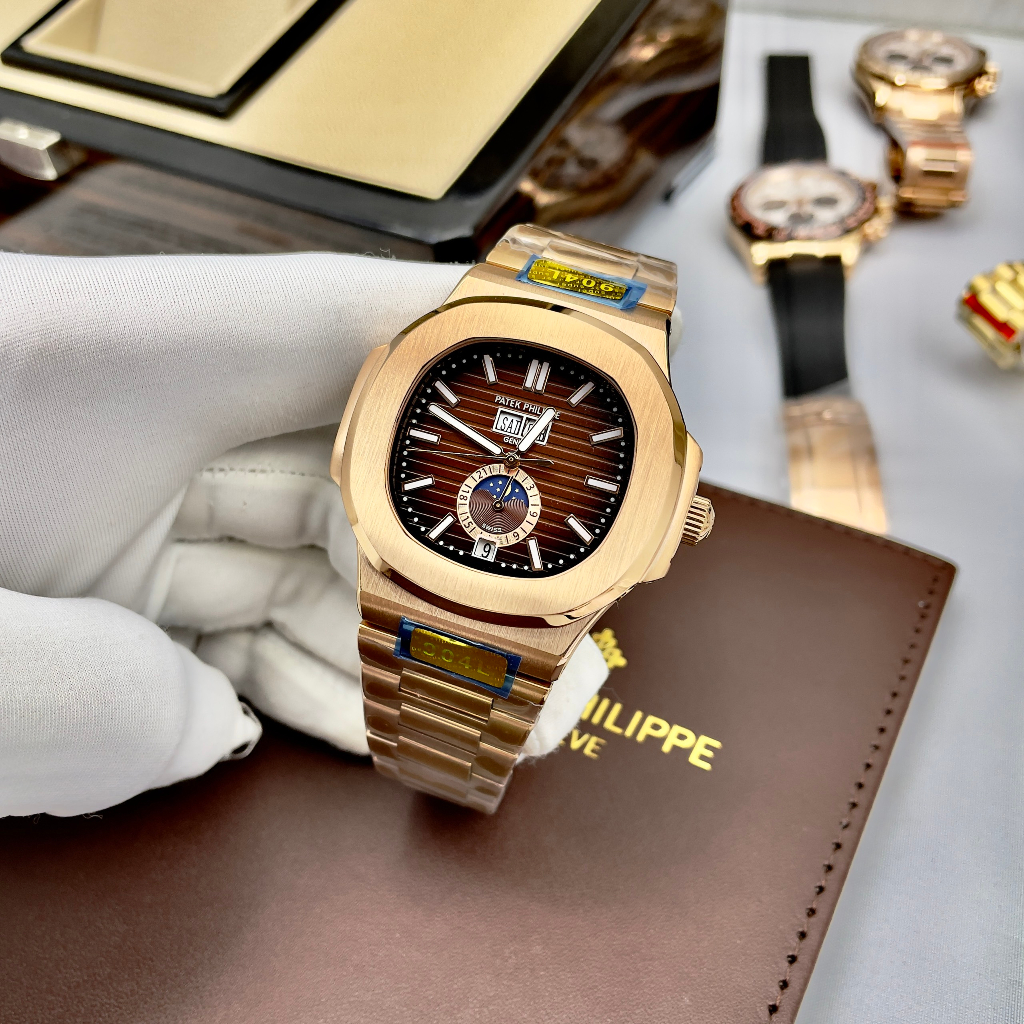 Đồng hồ Nam Pt vuông trăng sao mặt nâu cafe size 40-41mm có lịch date month, kim phản quang  vỏ vàng hồng dây kim loai