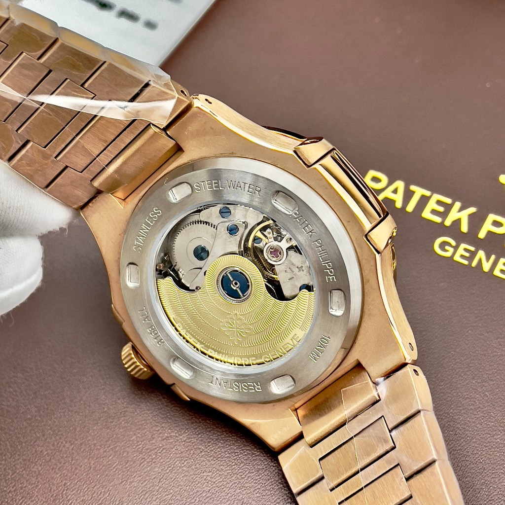 Đồng hồ Nam Pt vuông trăng sao mặt nâu cafe size 40-41mm có lịch date month, kim phản quang  vỏ vàng hồng dây kim loai