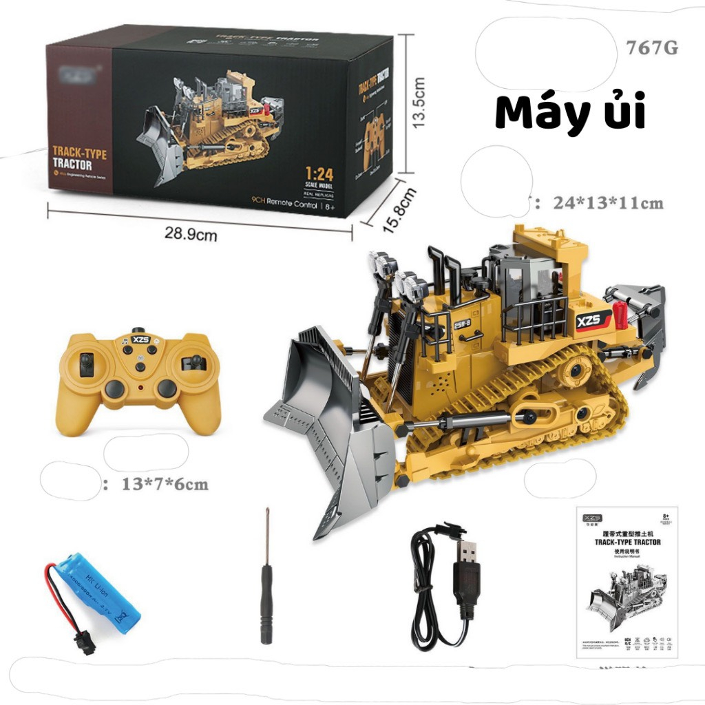 Xe Ủi điều khiển từ xa  9 kênh 2.4G gầu và móc bằng kim loại,đèn led siêu sáng