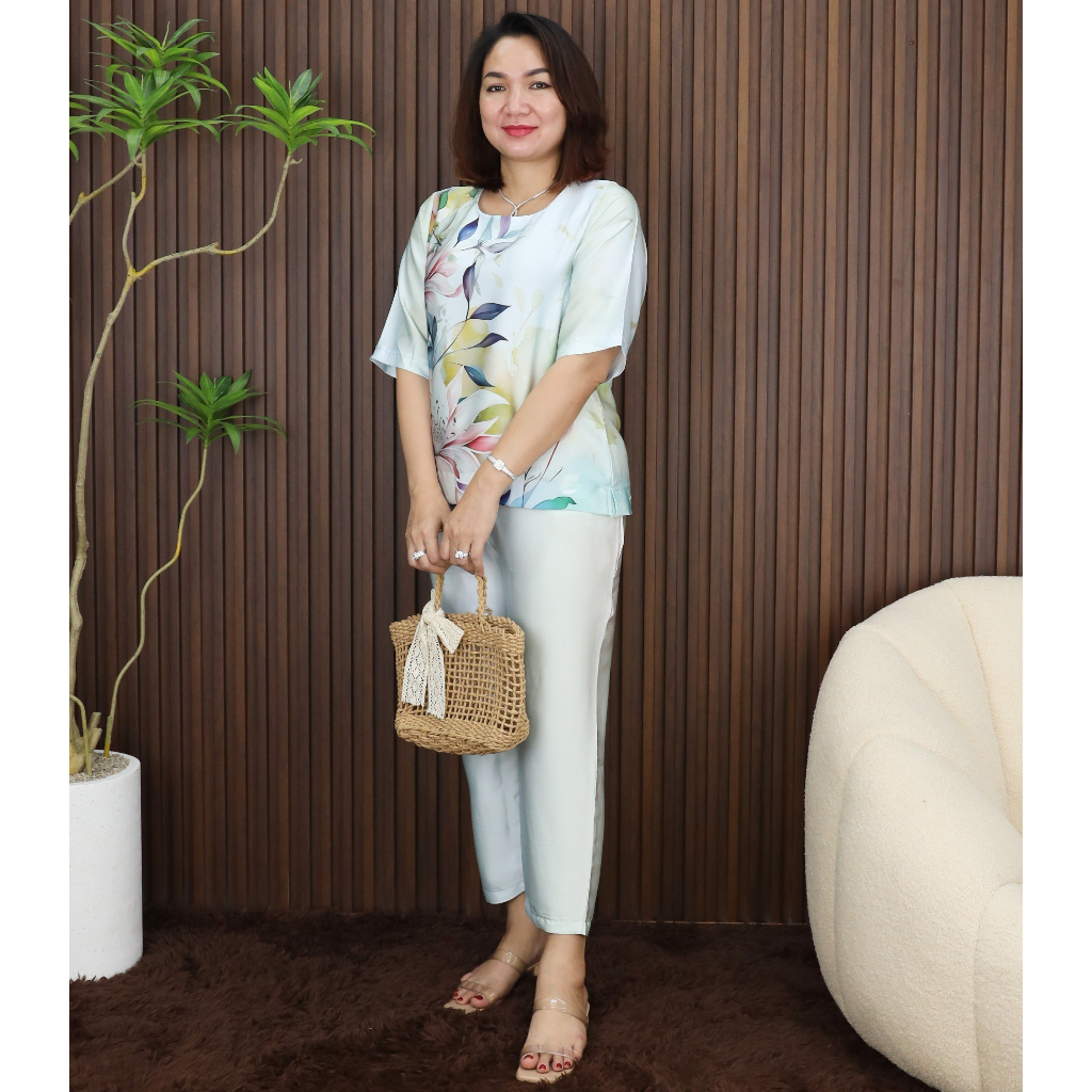 Đồ bộ mặc nhà lụa Latin tay lở, quần ống suông, dài 9 tấc, đồ mặc nhà trung niên size lớn từ 50 - 75 kg E214