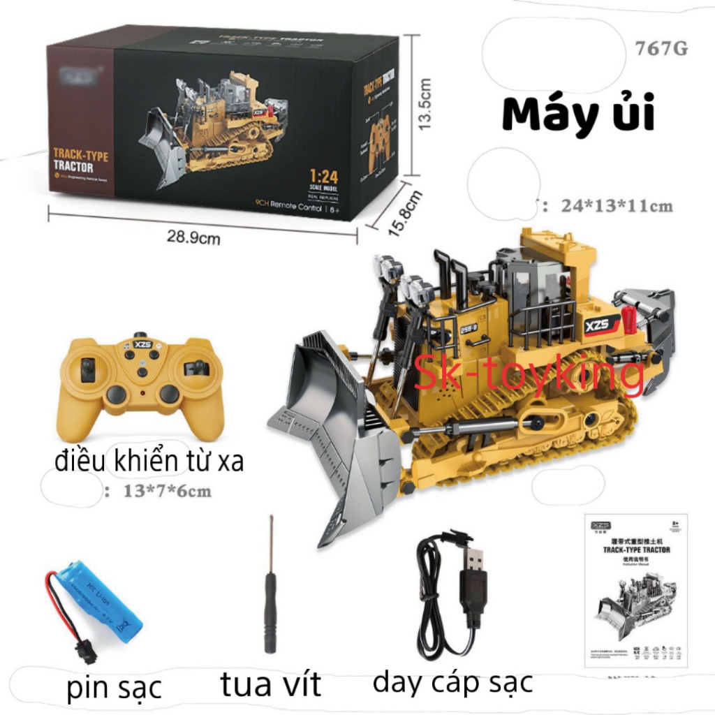 Xe Ủi điều khiển từ xa  9 kênh 2.4G gầu và móc bằng kim loại,đèn led siêu sáng
