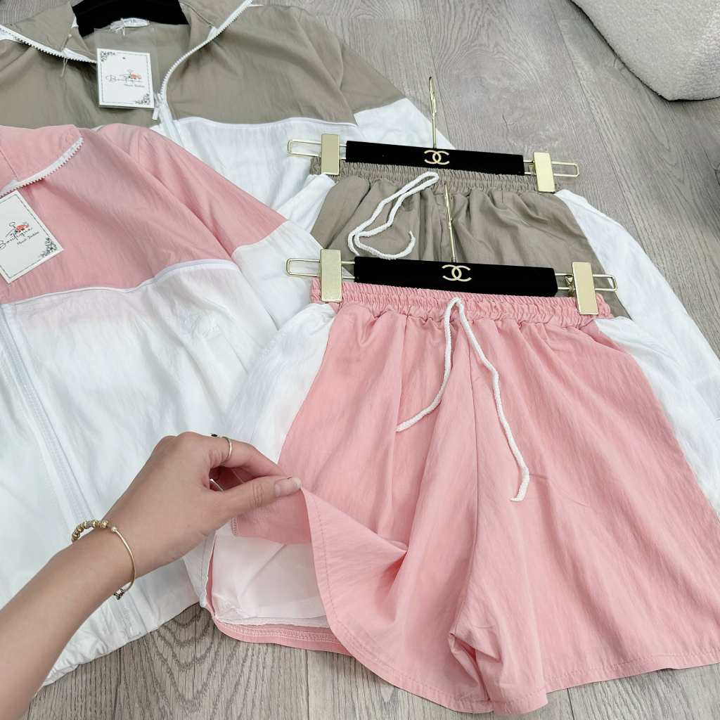 Set đồ nữ Bộ gió phối gió sần tay dài quần đùi, Set thể thao nữ dài tay mặc mùa hè và mùa thu siêu hot loại 1