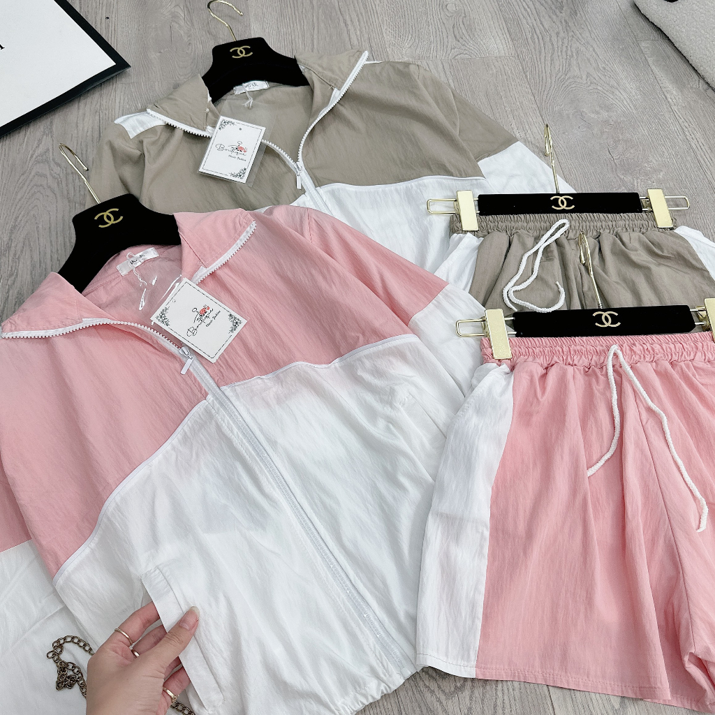 Set đồ nữ Bộ gió phối gió sần tay dài quần đùi, Set thể thao nữ dài tay mặc mùa hè và mùa thu siêu hot loại 1