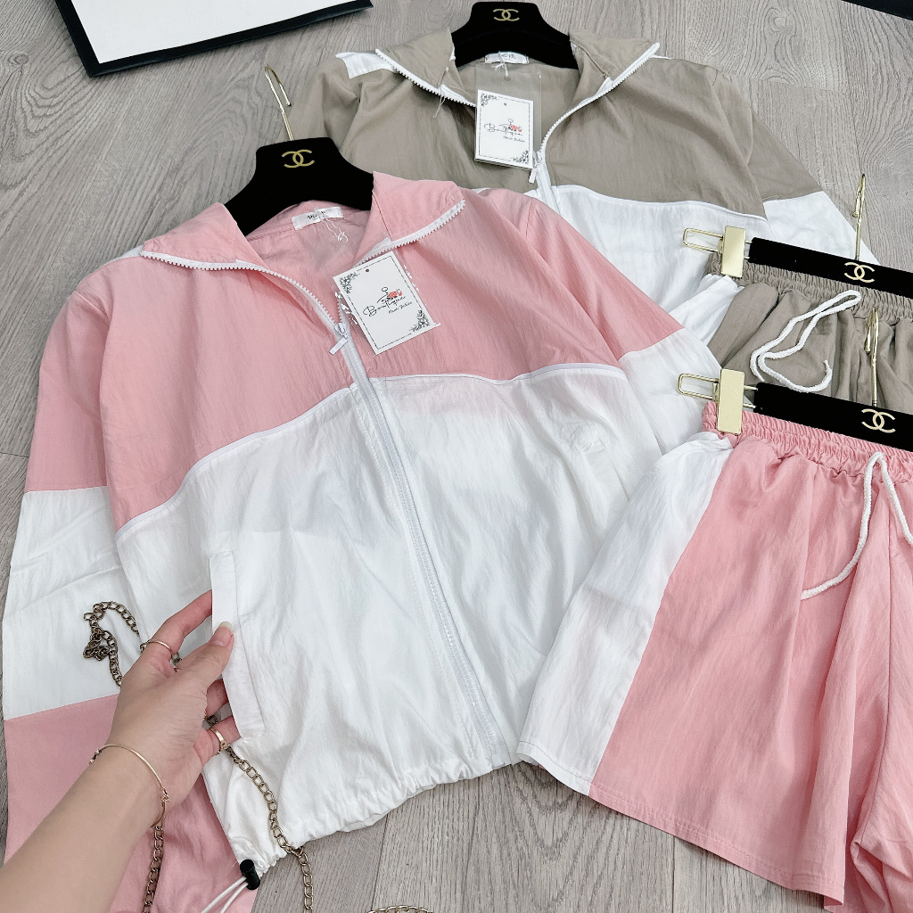 Set đồ nữ Bộ gió phối gió sần tay dài quần đùi, Set thể thao nữ dài tay mặc mùa hè và mùa thu siêu hot loại 1