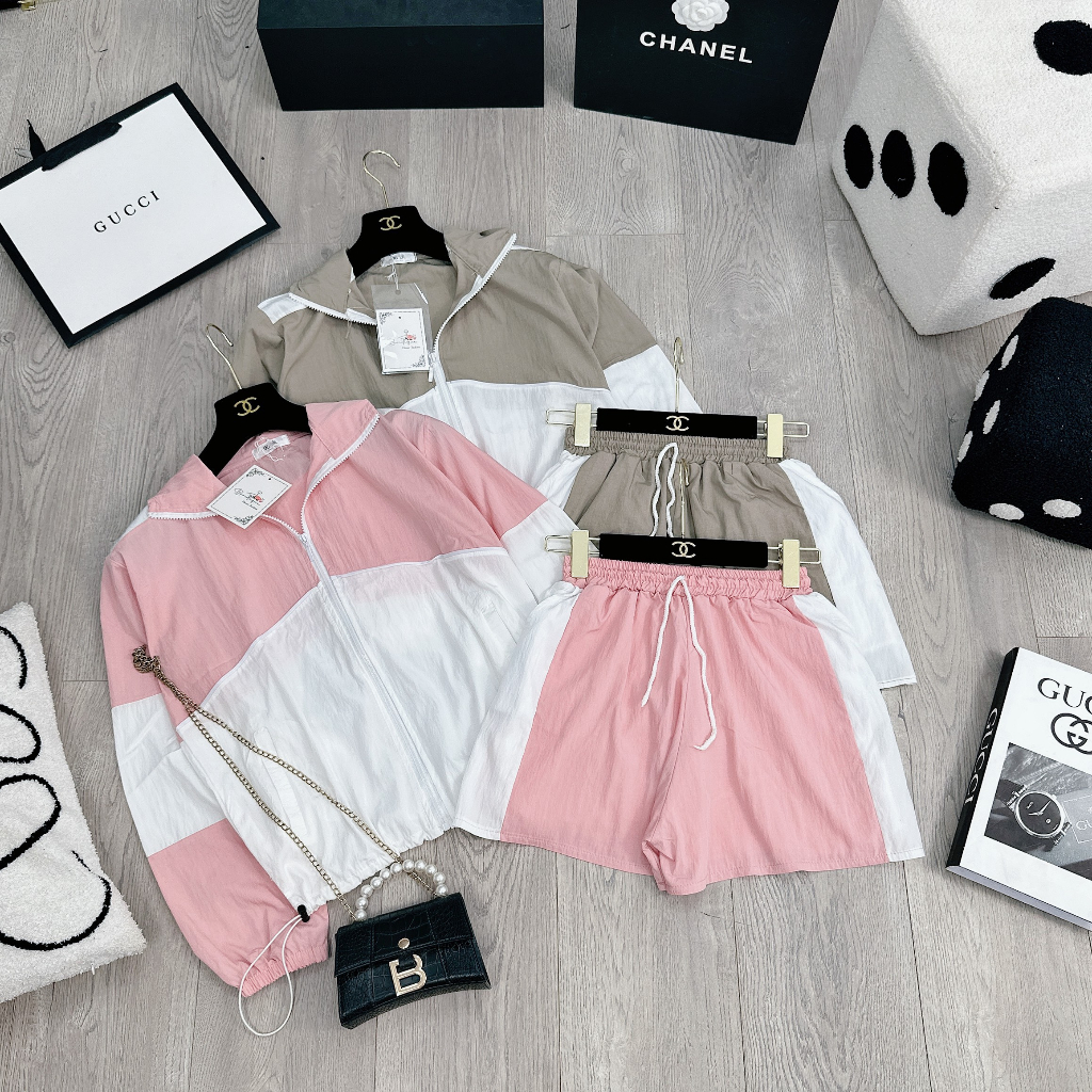 Set đồ nữ Bộ gió phối gió sần tay dài quần đùi, Set thể thao nữ dài tay mặc mùa hè và mùa thu siêu hot loại 1