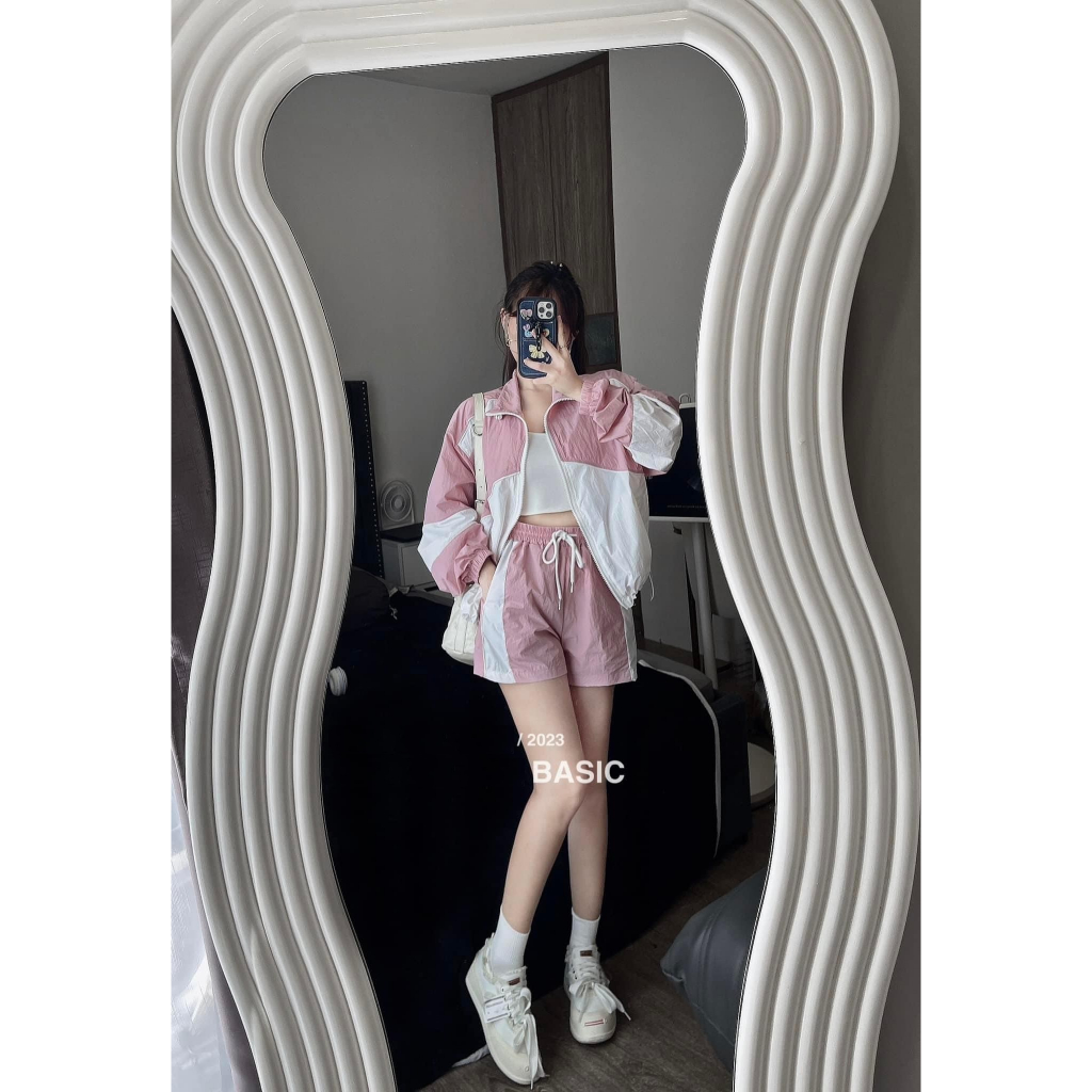 Set đồ nữ Bộ gió phối gió sần tay dài quần đùi, Set thể thao nữ dài tay mặc mùa hè và mùa thu siêu hot loại 1