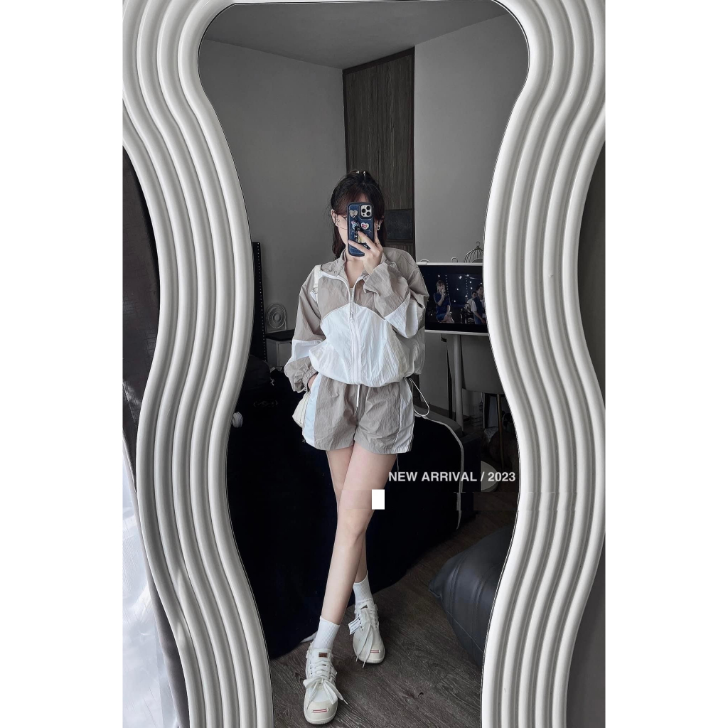 Set đồ nữ Bộ gió phối gió sần tay dài quần đùi, Set thể thao nữ dài tay mặc mùa hè và mùa thu siêu hot loại 1