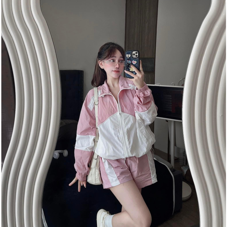 Set đồ nữ Bộ gió phối gió sần tay dài quần đùi, Set thể thao nữ dài tay mặc mùa hè và mùa thu siêu hot loại 1