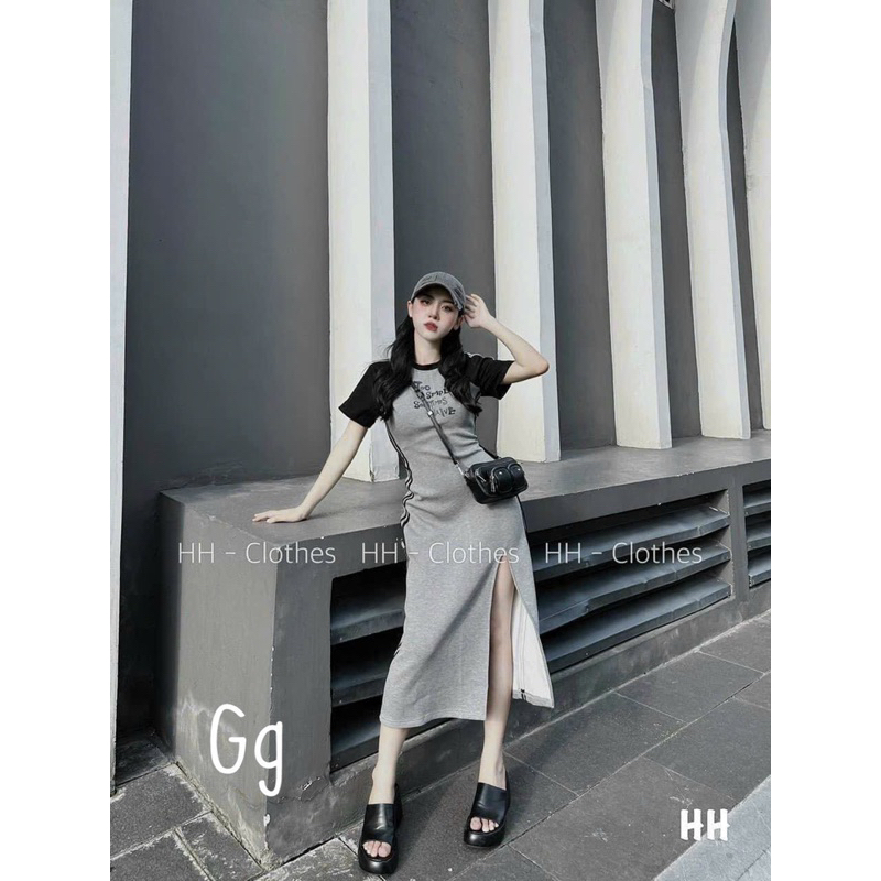 đầm gân tay ngắn xẻ tà đen xám thêu chữ xinh