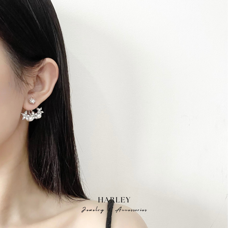 Bông tai đi tiệc ✨đính đá và hạt hình cánh quạt✨ màu bạc phong cách Hàn Quốc sang trọng thanh lịch, Harley Jewelry