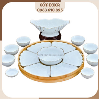 Set bát đĩa hoa mặt trời gốm bát tràng, bộ đồ ăn bày ban thờ, cúng gia tiên