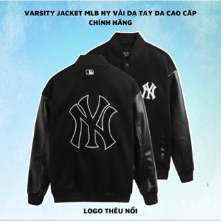 Áo Khoác M.L.B NY Dáng Bomber Thêu Chữ Đỏ 2 Lớp Dày Dặn - Áo varsity jacket MLB NY vải nỉ dày dặn phối tay da