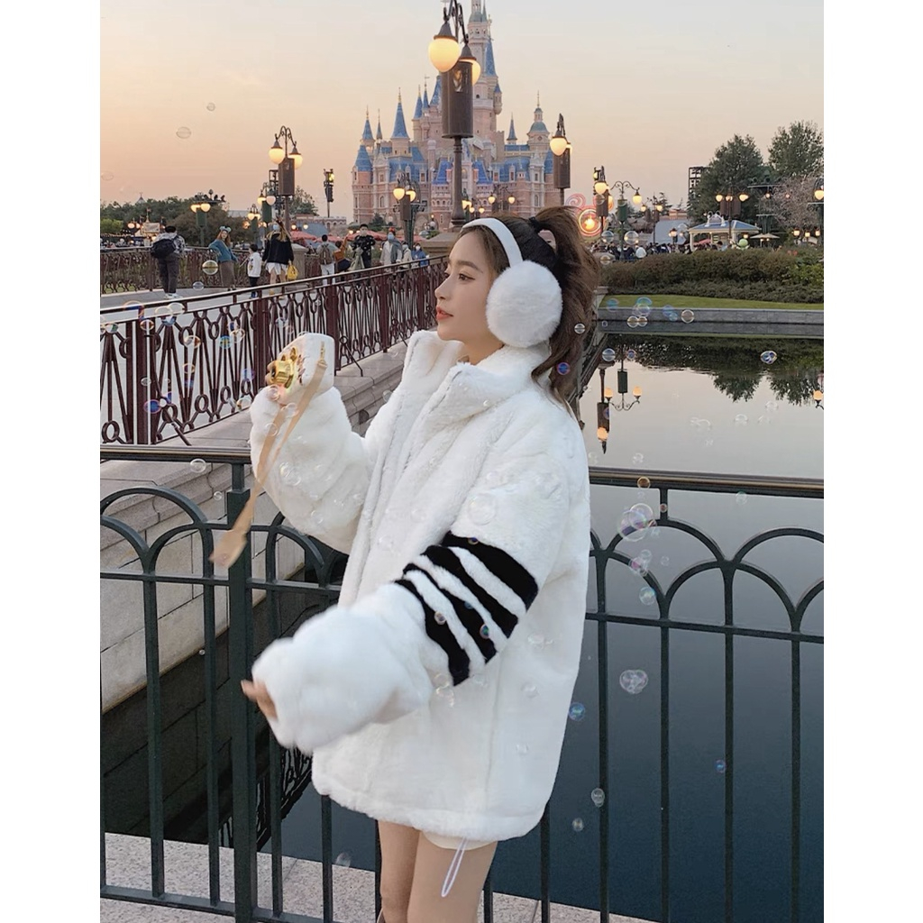 Áo Khoác Lông 2 Lớp  Bản Chuẩn Có Mũ Dày Dặn Phối Kẻ Sọc Phong Cách Trẻ Trung Năng Động Áo Khoác Lông Nữ Vạch Tay | BigBuy360 - bigbuy360.vn