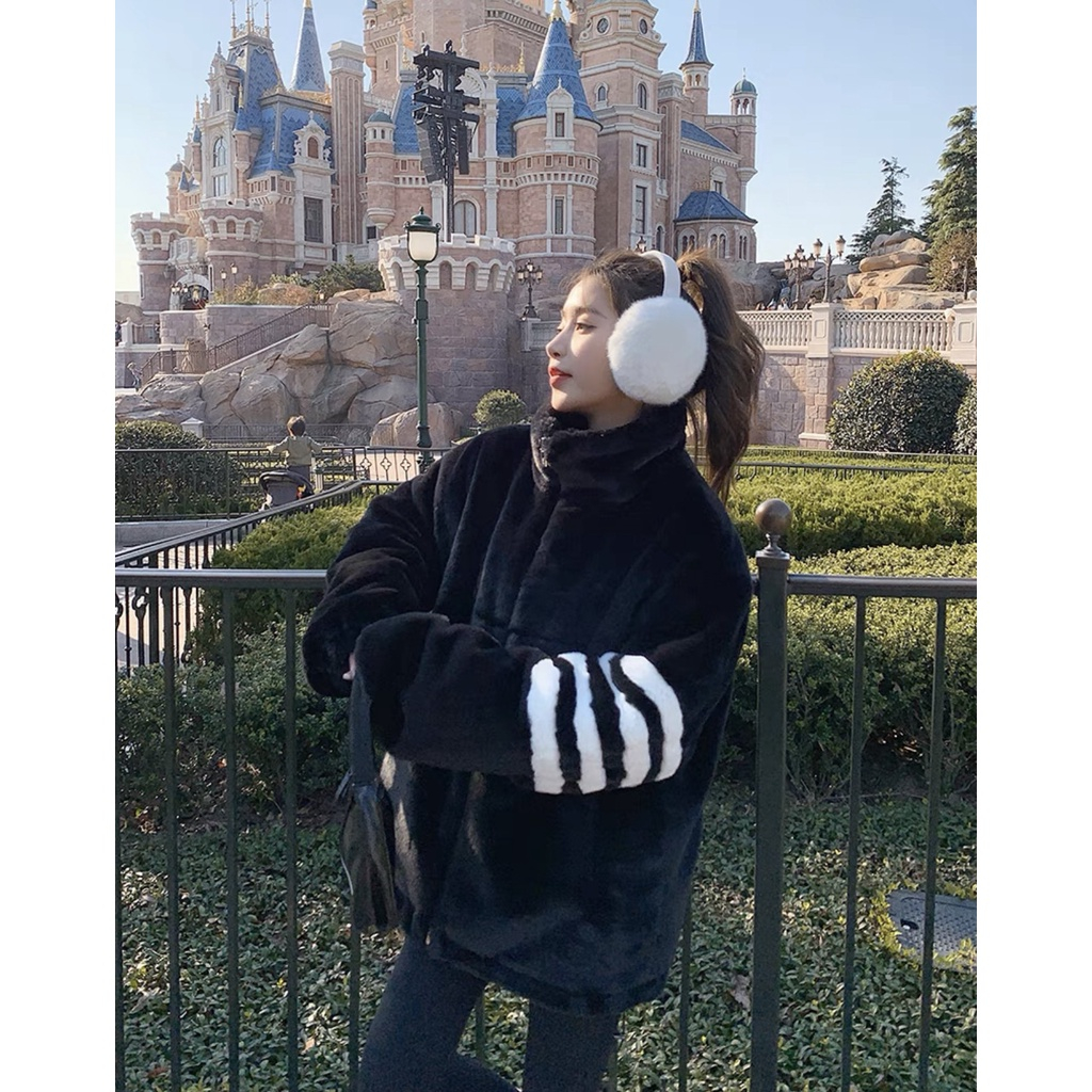 Áo Khoác Lông 2 Lớp  Bản Chuẩn Có Mũ Dày Dặn Phối Kẻ Sọc Phong Cách Trẻ Trung Năng Động Áo Khoác Lông Nữ Vạch Tay | BigBuy360 - bigbuy360.vn