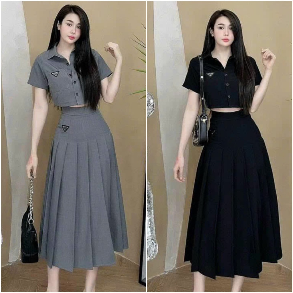Set đầm váy nữ áo croptop cổ bẻ gài nút phối chân váy xếp ly dài với tone màu trầm dành cho các tình yêu đi làm, đi chơi