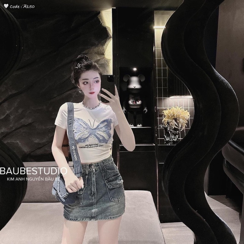áo croptop chất bozip tay ngắn hình bướm jean rách