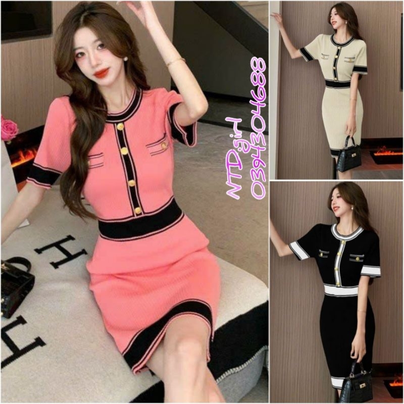 Hàng nhập - Đầm dáng ôm len mịn đẹp viền màu đính nút, váy body thu đông tay ngắn cổ tròn
