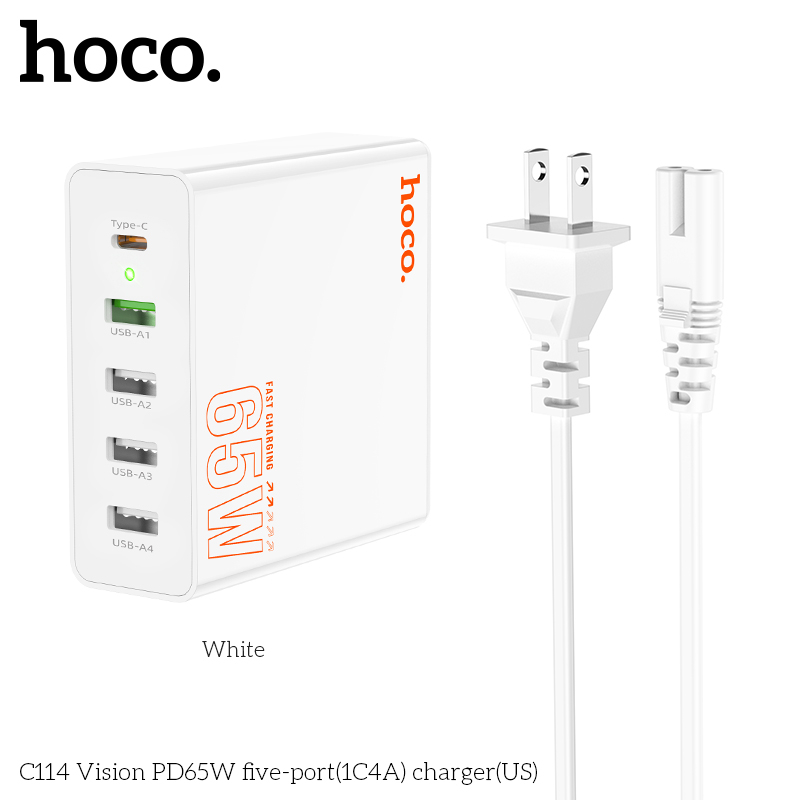 CÓC SẠC NHANH 65W HOCO C114 (1 CỔNG TYPE-C PD VS 4 CỔNG USB QC3.0) (4U + 1C) CHÍNH HÃNG [BH 1 NĂM]