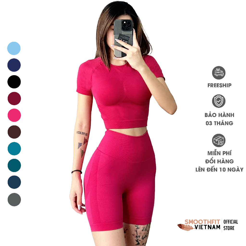 Bộ Gym Nữ Áo Cộc Quần Đùi Trơn Cạp Cao - Chất Liệu Dệt Cao Cấp SmoothFitVN 6600 Co Dãn 4 Chiều - Tập Gym, Thể Dục.
