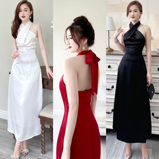 ĐầM Lụa Chéo Cột Cổ Hở Lưng Dáng Dài Hai Lớp Sang Chảnh