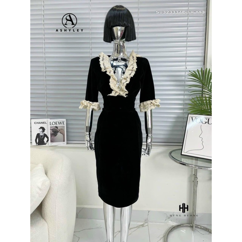 Đầm Body Nhung Tay Bèo ASHYLEY CAO CẤP PHỐI CỔ VIỂN REN