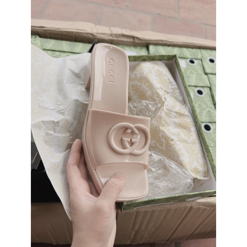 Dép lê Gu.ci nữ GG nhựa đúc gót vuông 5p- Hàng QC fullbox- Kèm video thật