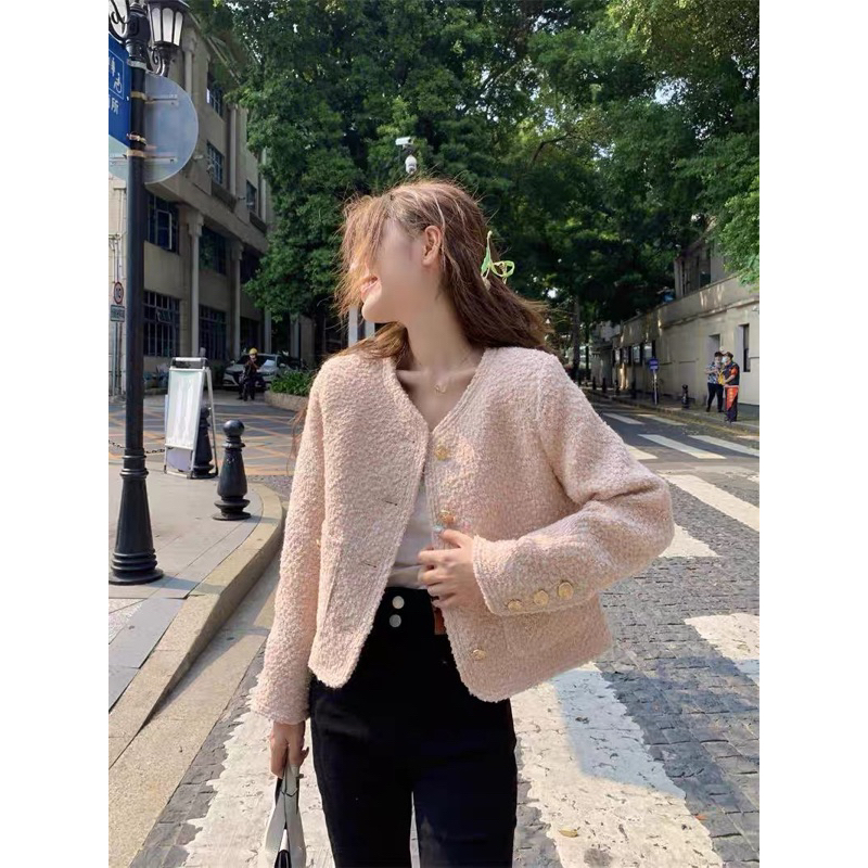 Áo khoác dạ tweed màu hồng babay xinh xắn-dây cột tóc 5 màu