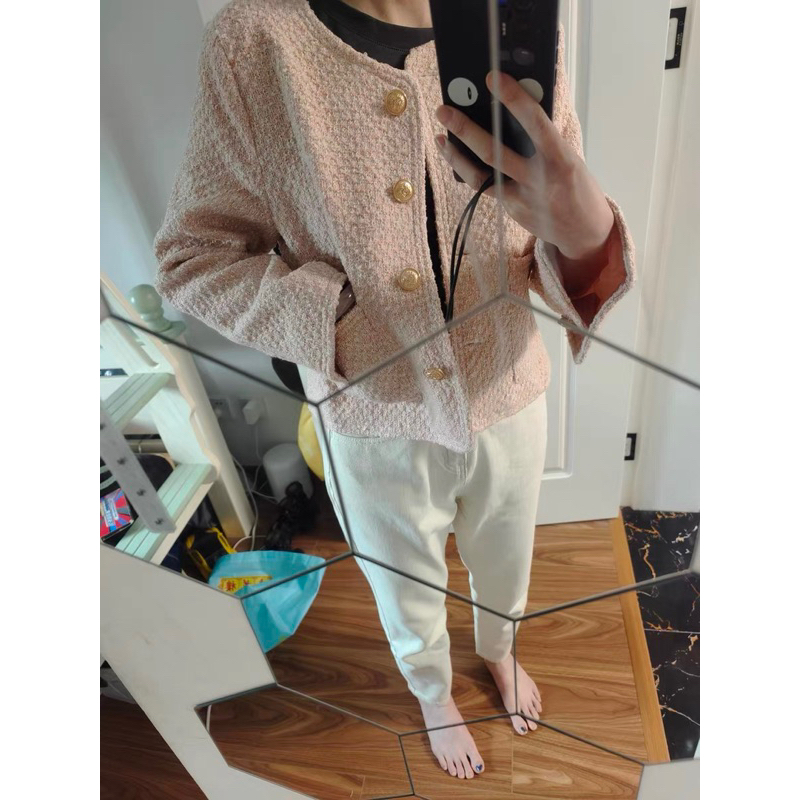 Áo khoác dạ tweed màu hồng babay xinh xắn-dây cột tóc 5 màu