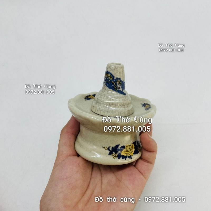 Chân cắm thuốc ban thờ thần tài Men Rạn Đen (hoạ tiết rồng vàng viền xanh)