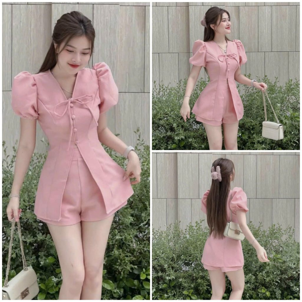 Set đồ bộ nữ áo kiểu tay phồng cổ buộc nơ xẻ tà áo trước phối quần đùi với tone màu nhẹ nhàng dành cho các nàng đi chơi.