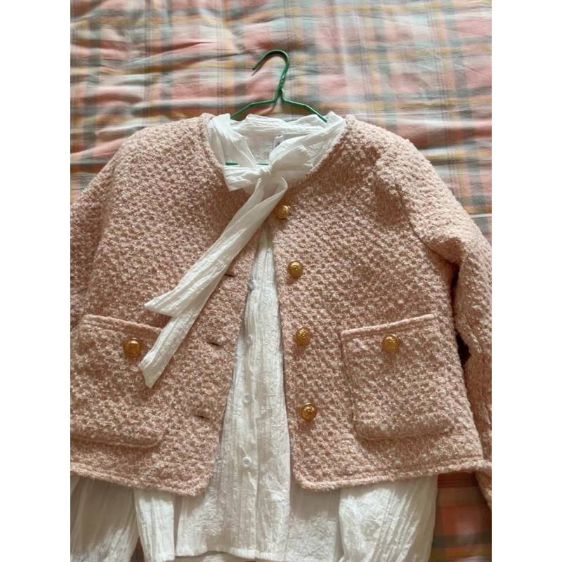 Áo khoác dạ tweed màu hồng babay xinh xắn-dây cột tóc 5 màu