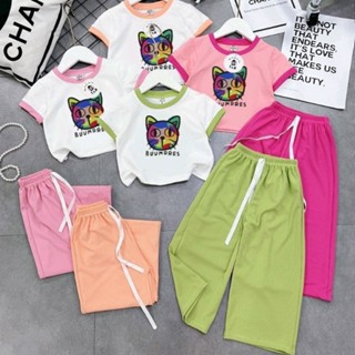 8-40kg Đồ bộ bé gái quần ống rộng thu gân lụa mèo mát mẻ mùa hè, quần áo bé gái có size đại