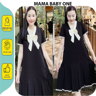 Váy đầm bầu công sở dự tiệc sang chảnh-đầm bầu babay doll cổ nơ chân xếp dáng tiểu thư bigsize giá rẻ