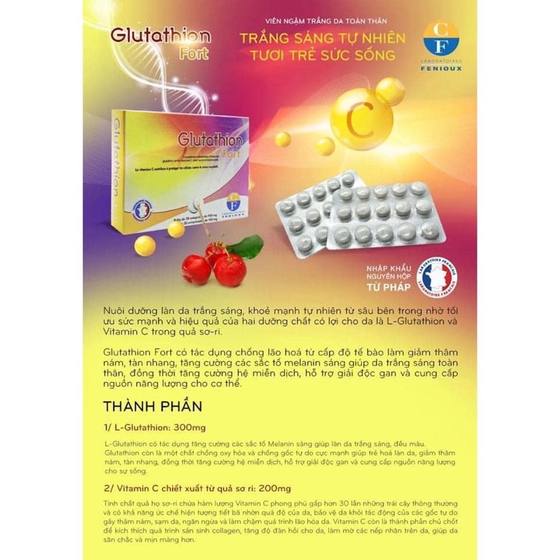 VIÊN NGẬM TRẮNG DA GLUTATHION FORT 30 VIÊN XUẤT XỨ PHÁP
